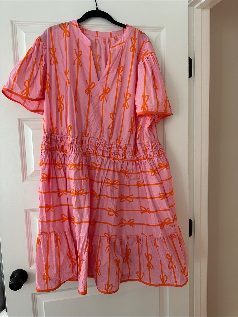 Pink and Orange Bow-Print Tiered Dress